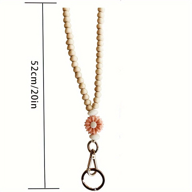 Hemasa  Wooden Beaded Lanyard with Flower Charm for ID Badges, Keychains - Bohemian Style Necklace for Teachers, Nurses, Students, Staff