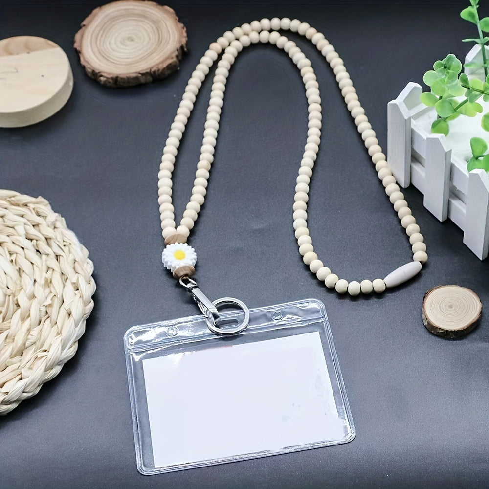 Hemasa  Wooden Beaded Lanyard with Flower Charm for ID Badges, Keychains - Bohemian Style Necklace for Teachers, Nurses, Students, Staff