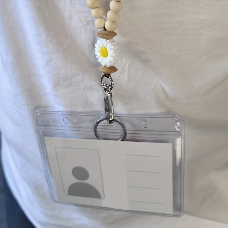 Hemasa  Wooden Beaded Lanyard with Flower Charm for ID Badges, Keychains - Bohemian Style Necklace for Teachers, Nurses, Students, Staff
