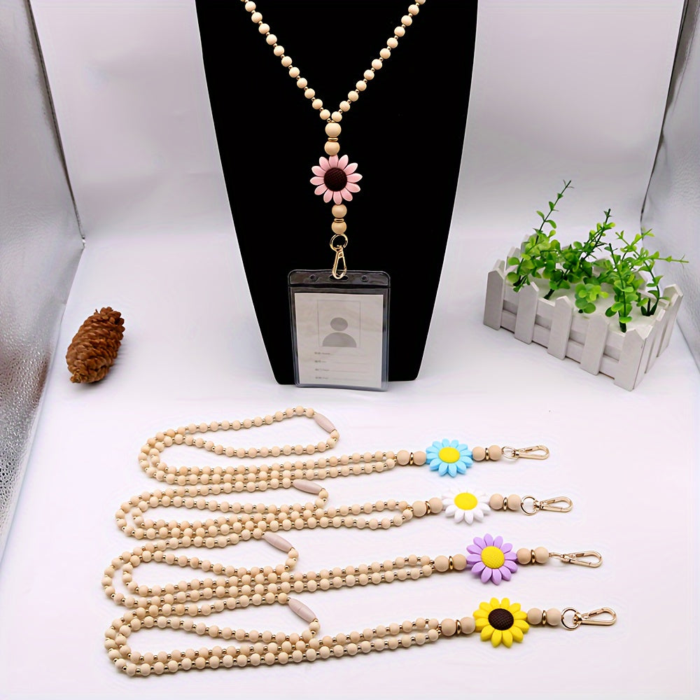 Elegant Wooden Bead Keychain With Golden Spacer Beads And Silicone Flower Charm - Versatile Accessory For All Seasons