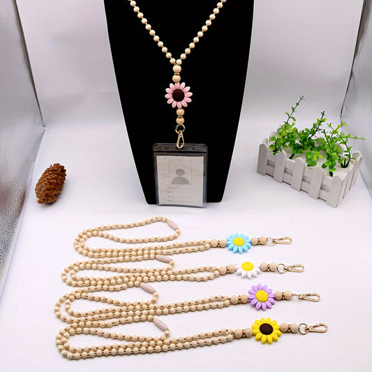 Elegant Wooden Bead Keychain With Golden Spacer Beads And Silicone Flower Charm - Versatile Accessory For All Seasons