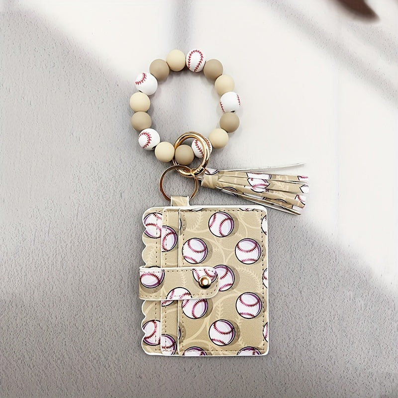 Sporty Chic Beaded Silicone Bracelet Keychain with Coin Purse - Faux Leather, Tassel Accent, Lobster Clasp - Perfect Gift for Women