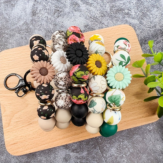 Bohemian Style Silicone Beaded Keychain with Floral and Daisy Prints - Plant Themed Key Ring with Lobster Clasp - Decorative Ladies Wristlet Key Holder for Halloween - Single Piece Gift for Mom & Teacher