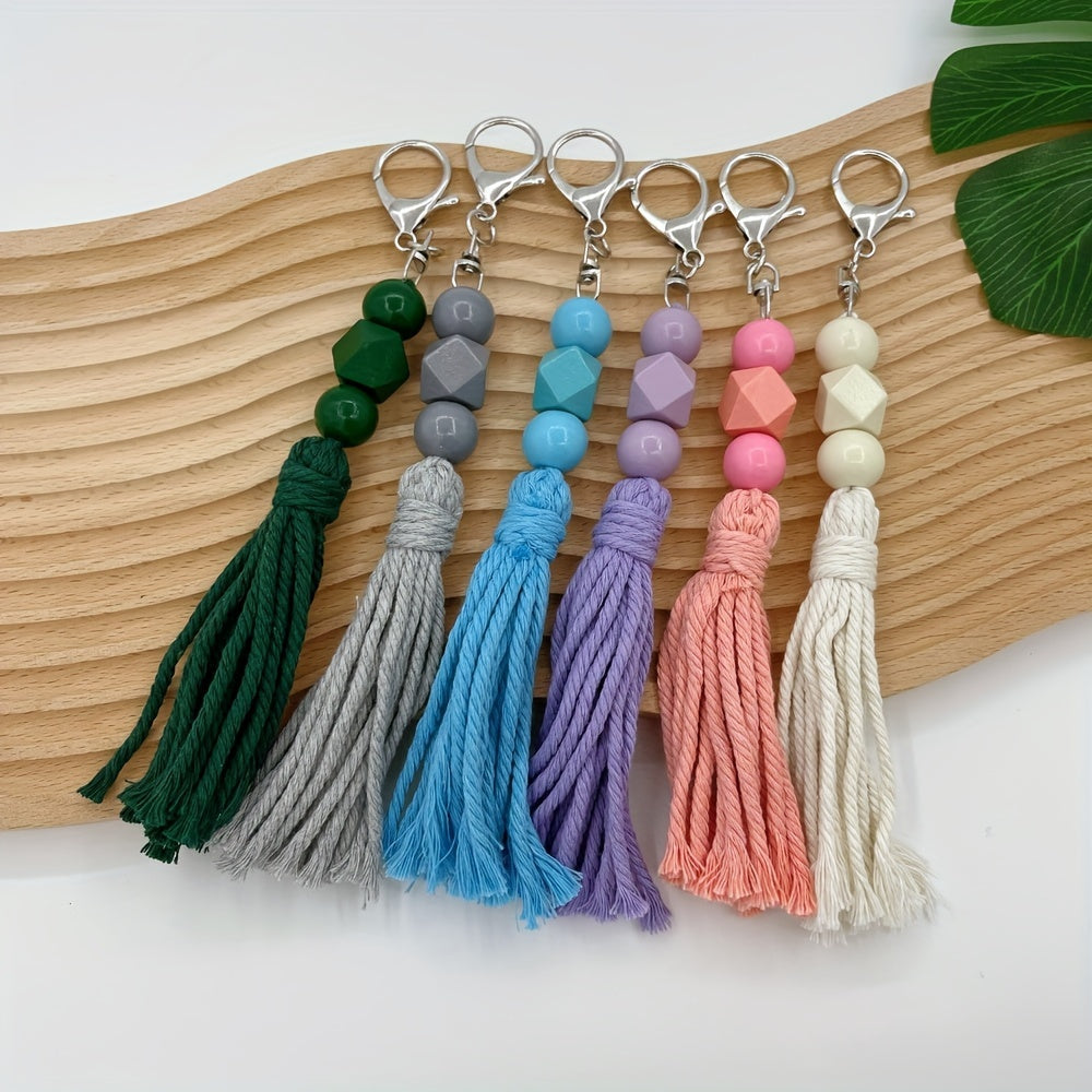 Handcrafted Cotton Tassel Keychain, Boho Chic Pastel Wooden Bead Pendant, Multicolor Bag Accessory, Rustic Charm For Purses & Clothing