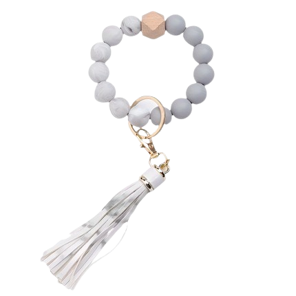 Hemasa   Silicone Bead Keychains With Tassel Charm, Stretchable Colorful Beaded Wristband Key Ring, Universal Fashion Accessory