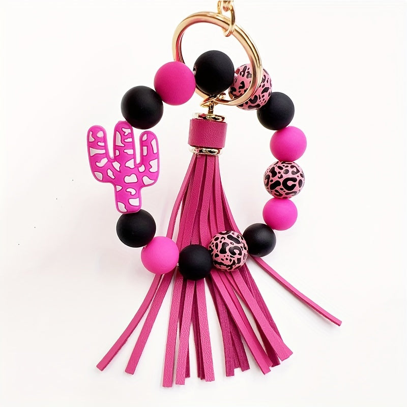 Chic Cactus-Themed Silicone Beaded Keychain with Tassel - Cartoon & Plant Design, Lobster Clasp Charm for Women, Cactus Decor