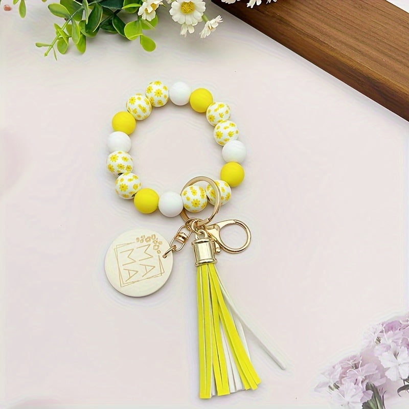 1pc Fresh And Floral Keychain With Printed Wooden Beads, MAMA Wooden Charm, Flower Bead Key Ring, Perfect For Friends And Mothers