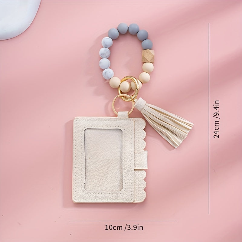 Hemasa Silicone Bead Bracelet Card Holder with PU Tassel Keychain
