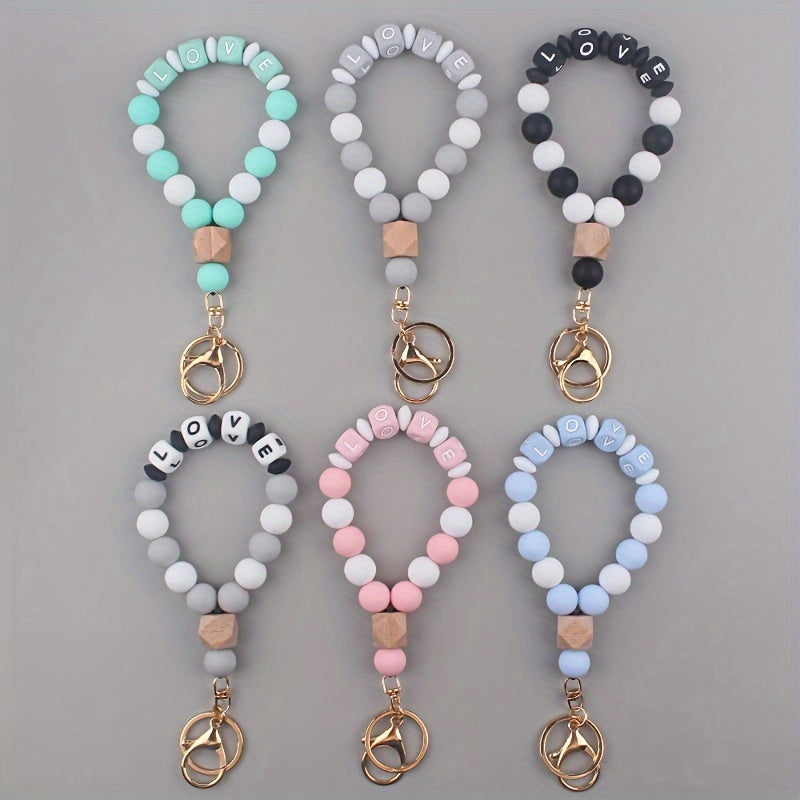 One Pack LOVE Macaron Colorful Keychain Wristband Keychain Elastic Beaded Portable Wristband Bracelet Keychain Car Keychain