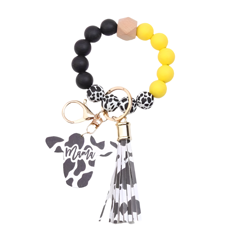 Hemasa Cow Head MAMA Silicone Beaded Bracelet Wristlet Keychain With Western Bangle Keychain