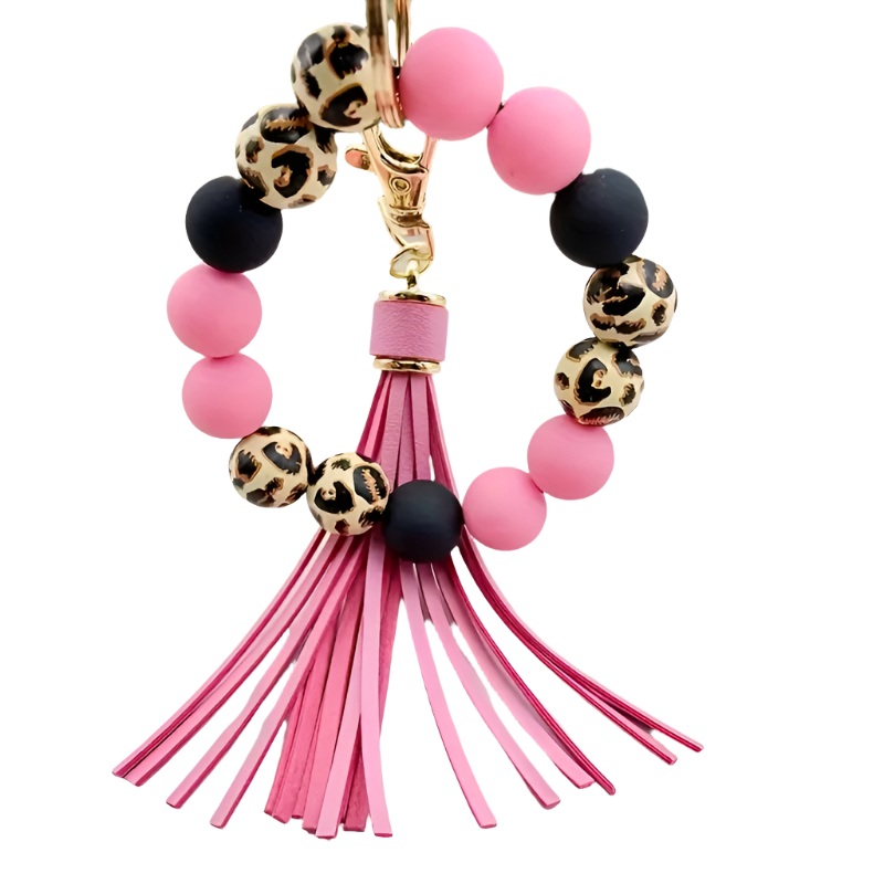 Hemasa Leopard Print Wooden & Silicone Bead Keychain / Ladies Tassel Bracelet Keyring