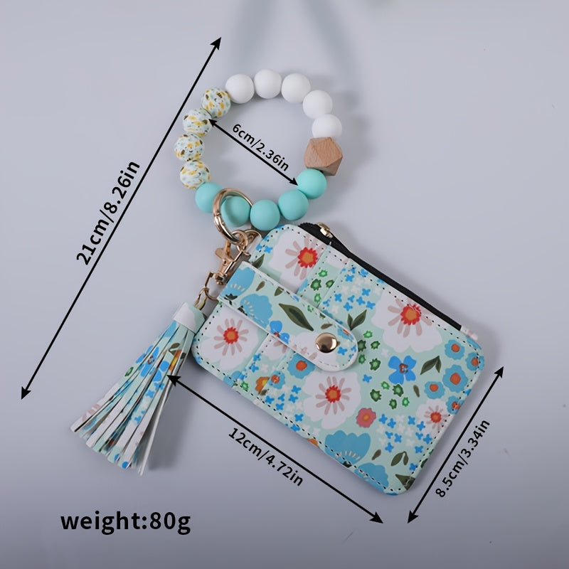 Chic Floral Print Faux Leather Wallet with Beaded Wristlet & Tassel Keychain - Silicone Bracelet Card Holder, Perfect Gift for Women
