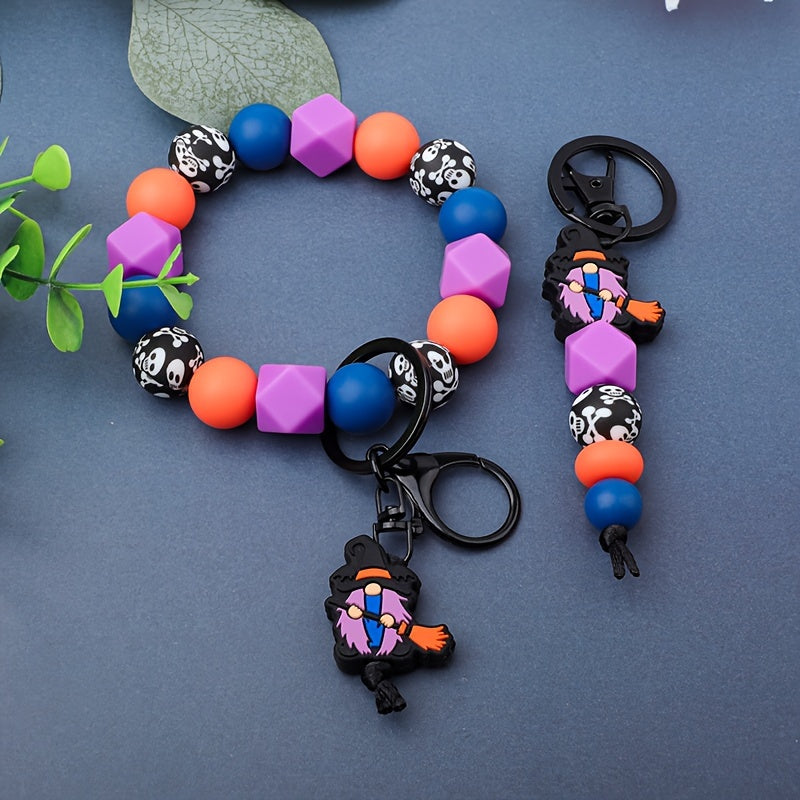 Halloween Witch Broom & Skull Silicone Beaded Keychain - Cartoon/Punk Style, Lobster Clasp, Fashionable Women's Accessory, Perfect Gift