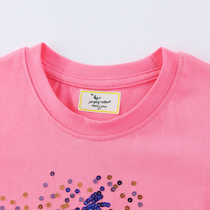 Girls Short-Sleeved T-Shirts Embroidered with Sequined Five-Pointed Stars European And American Style Summer Kids Tops