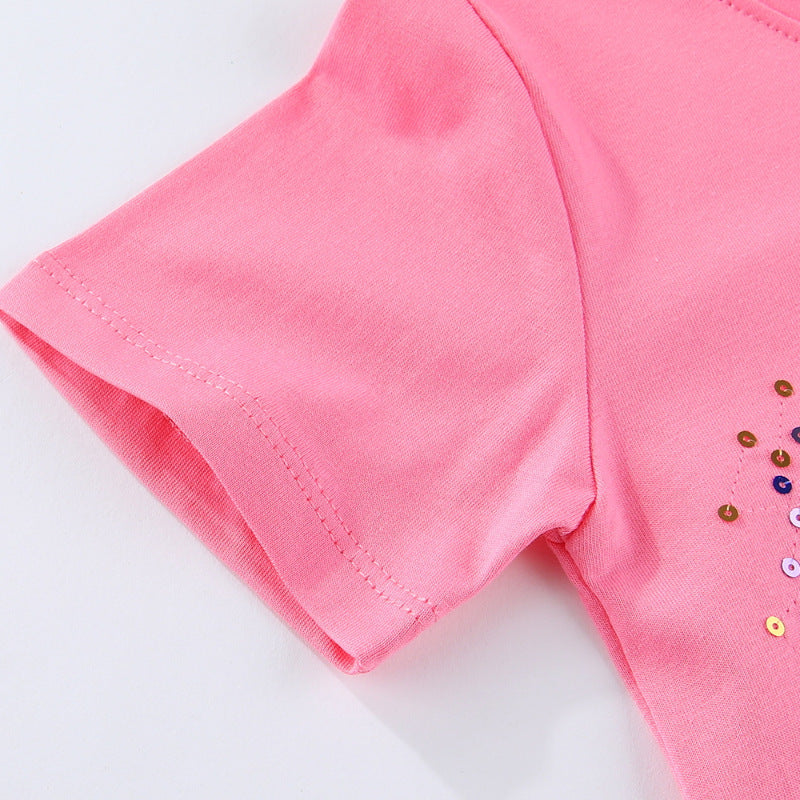 Girls Short-Sleeved T-Shirts Embroidered with Sequined Five-Pointed Stars European And American Style Summer Kids Tops