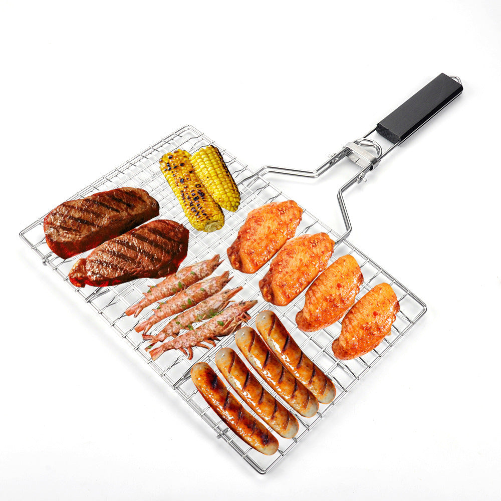 Barbecue tools stainless steel wooden handle food clip 430 fish clip detachable BBQ grill net outdoor folding barbecue net