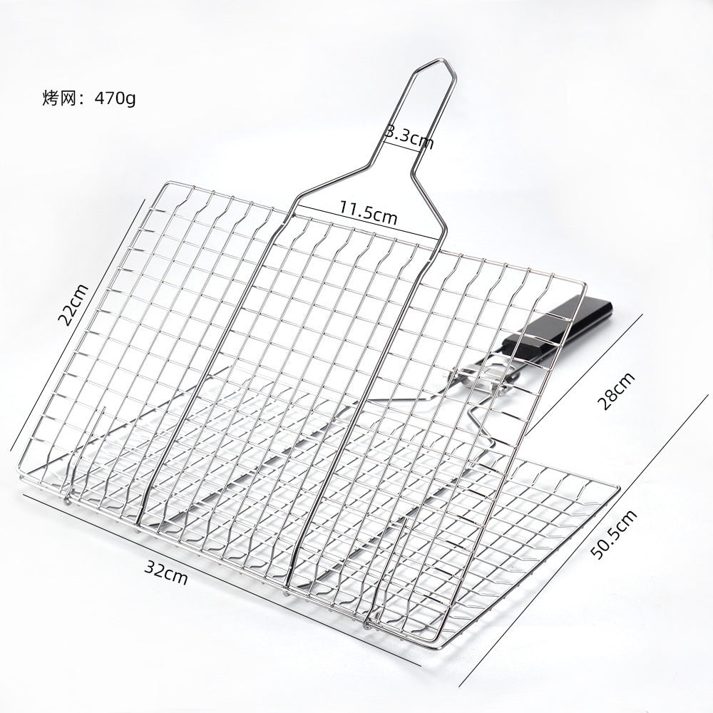 Barbecue tools stainless steel wooden handle food clip 430 fish clip detachable BBQ grill net outdoor folding barbecue net