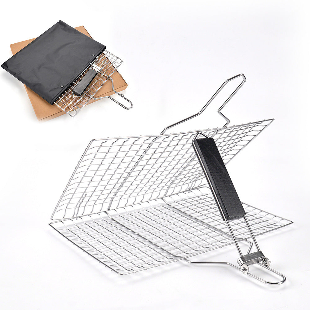 Barbecue tools stainless steel wooden handle food clip 430 fish clip detachable BBQ grill net outdoor folding barbecue net