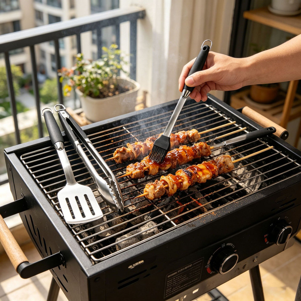 Outdoor Camping Bbq Grill Brush Stainless Steel Grill Tongs Set Barbecue Tools Four-Piece Set Accessories Barbecue Fork