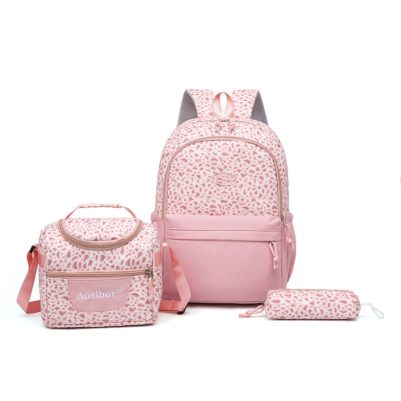 Leopard Print Three-Piece Backpack Set/ Large Capacity, Lightweight Student School Bag, Junior High School Student Set Bag, Pencil Case, Meal Bag