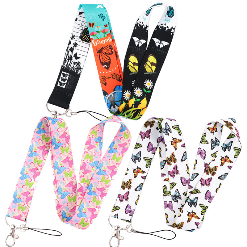 Set of 3 Butterfly Mobile Phone Lanyards / Long and Short Ribbon ID Card U Disk Camera Hanging Neck Key Chain Polyester Ribbon