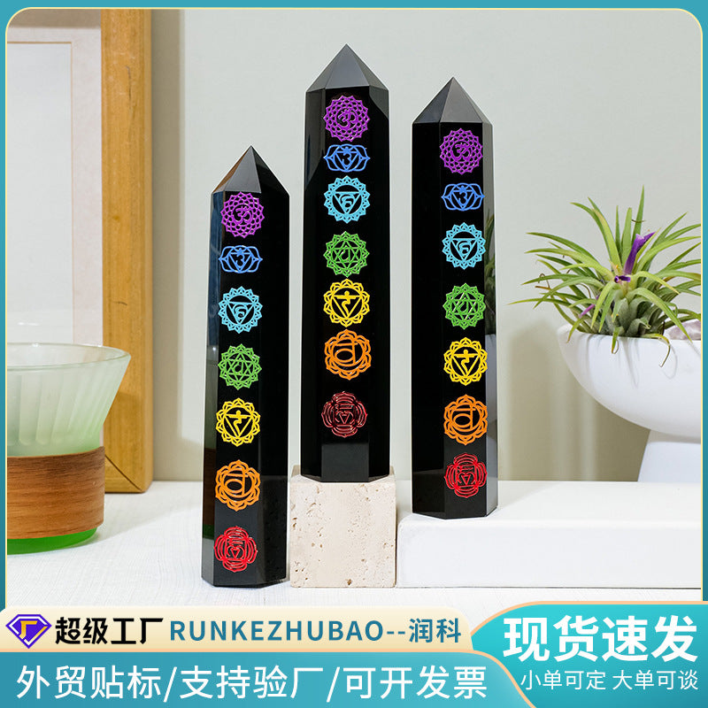 Natural Obsidian Single-Pointed Hexagonal Prism Ornament 7 Chakra Crystal Pillar Home Meditation Energy Pillar
