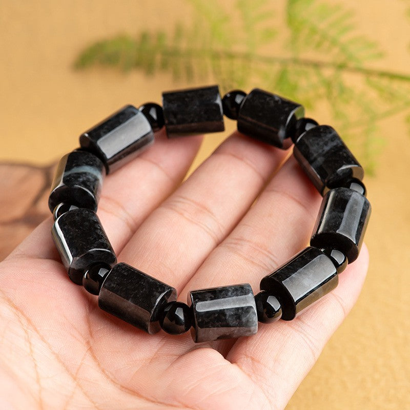 Genuine Natural Jade A-Grade Black Chicken Jade Fortune Bracelet Ice-Type Jade Beads Bracelet for Men and Women