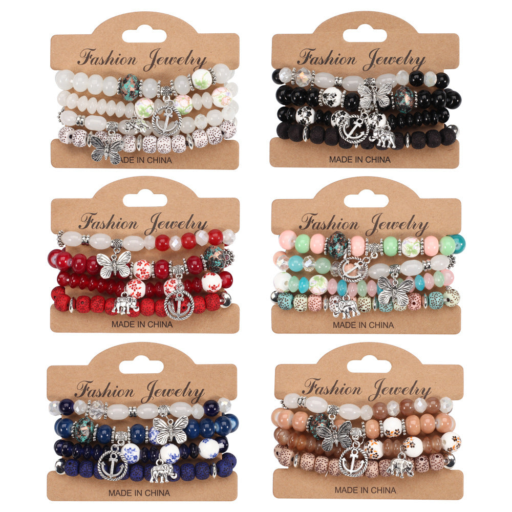 Bohemian Butterfly Ship Anchor Elephant Pendant Multi-layer Bracelet