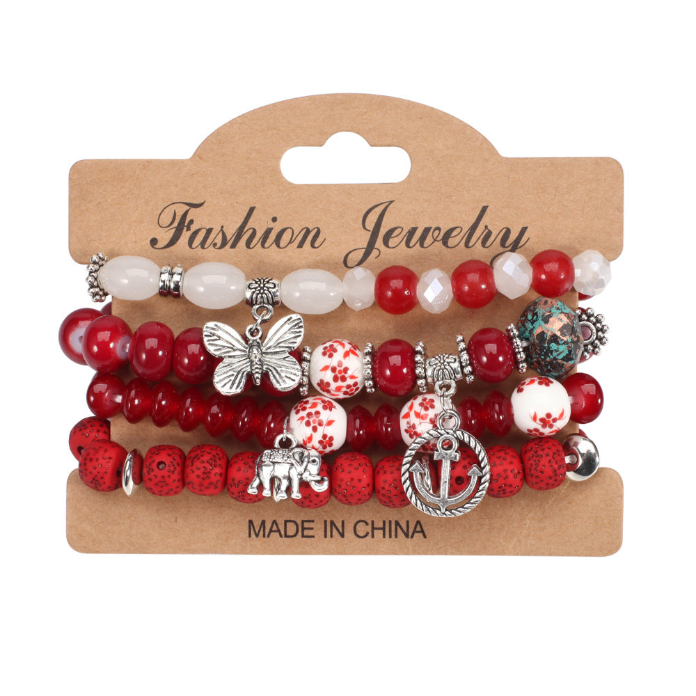 Bohemian Butterfly Ship Anchor Elephant Pendant Multi-layer Bracelet