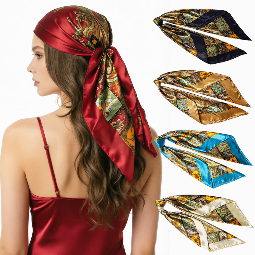 90cm Paisley Silk Scarf for Women, Trendy and Versatile, European and American Style, Imitation Silk Paisley Headscarf Wholesale