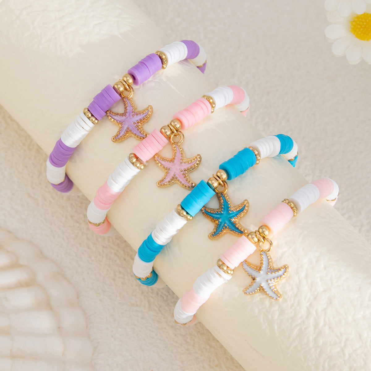 Fresh and Healing Blue and White Soft Clay Beaded Bracelet with Ocean Elements, Multi-Layered, Versatile Summer Commute Bracelet Set