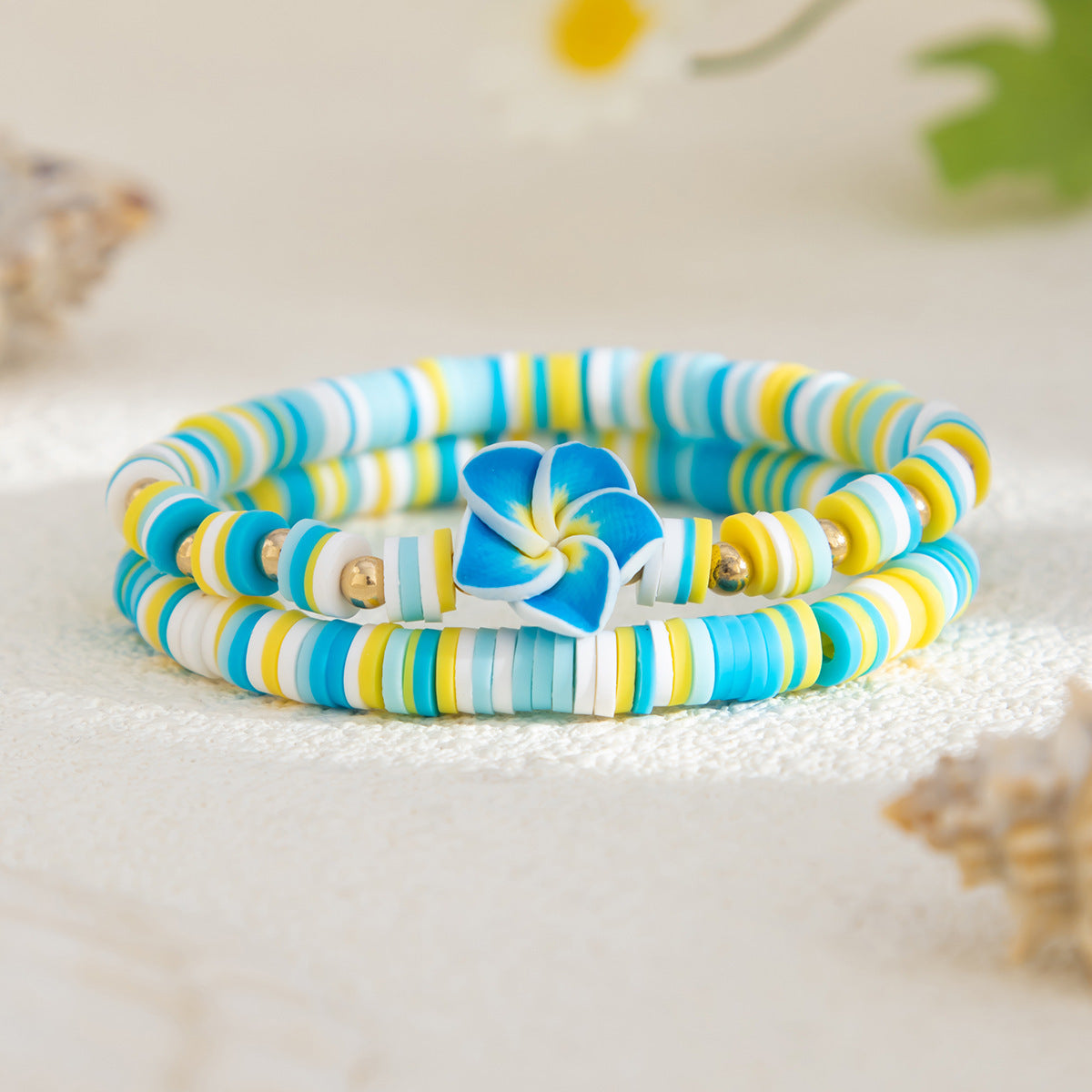 Fresh and Healing Blue and White Soft Clay Beaded Bracelet with Ocean Elements, Multi-Layered, Versatile Summer Commute Bracelet Set