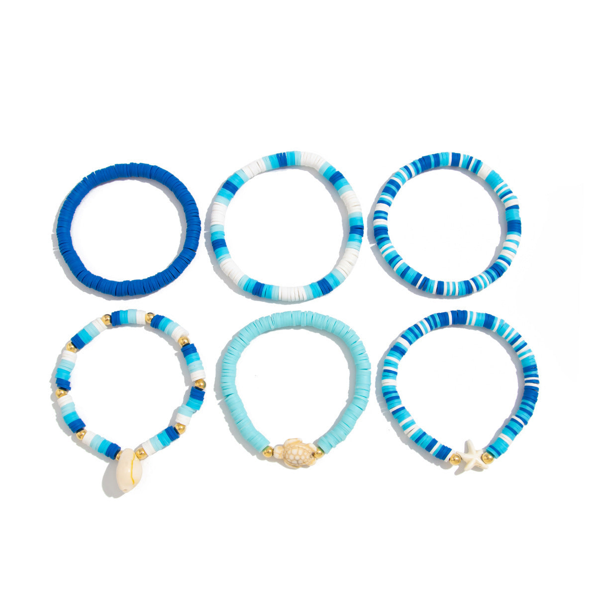Fresh and Healing Blue and White Soft Clay Beaded Bracelet with Ocean Elements, Multi-Layered, Versatile Summer Commute Bracelet Set