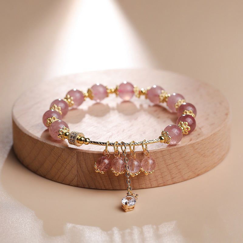 Pink Beauty Strawberry Crystal Pendant Bracelet Women's Bracelet Peach Blossom Zircon Strawberry Crystal Bracelet Ins Style Cute Jewelry Women