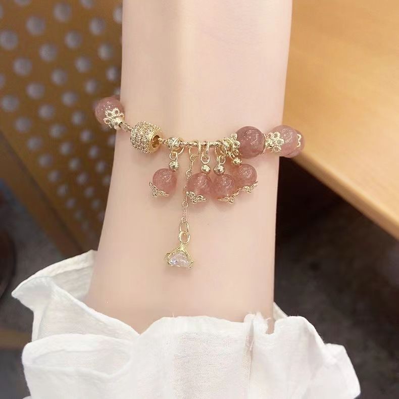 Pink Beauty Strawberry Crystal Pendant Bracelet Women's Bracelet Peach Blossom Zircon Strawberry Crystal Bracelet Ins Style Cute Jewelry Women