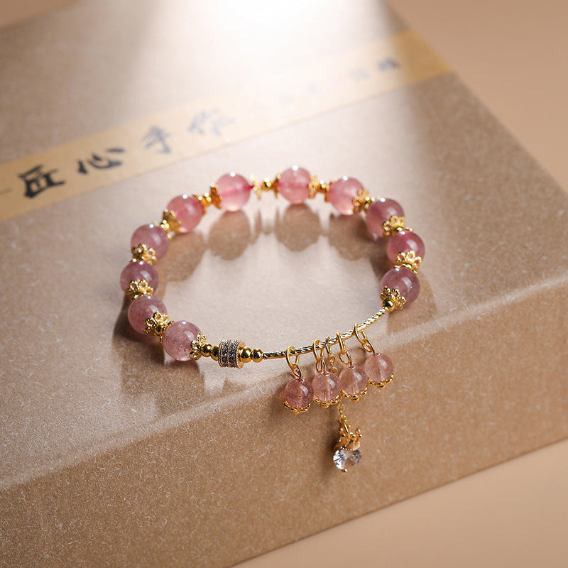 Pink Beauty Strawberry Crystal Pendant Bracelet Women's Bracelet Peach Blossom Zircon Strawberry Crystal Bracelet Ins Style Cute Jewelry Women