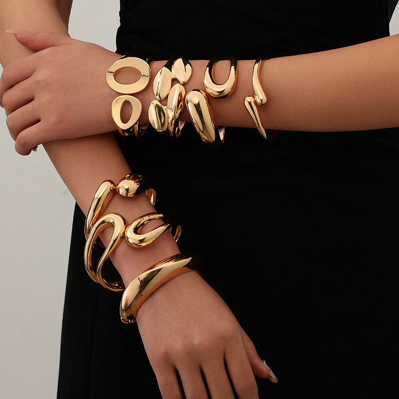 European and American Cross-Border Popular Bracelets Ins Normcore Asymmetrical Wave Pattern Bracelets Metal Glossy Bracelets Women's Jewelry