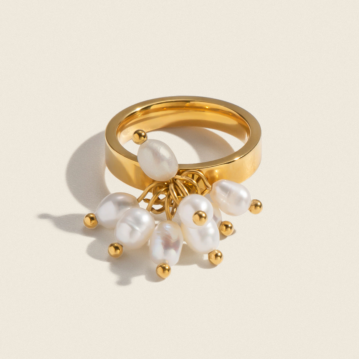 Xia Ling High-End Niche Design Freshwater Pearl Ring Stainless Steel Vacuum Electroplated 18K Titanium Steel Ring