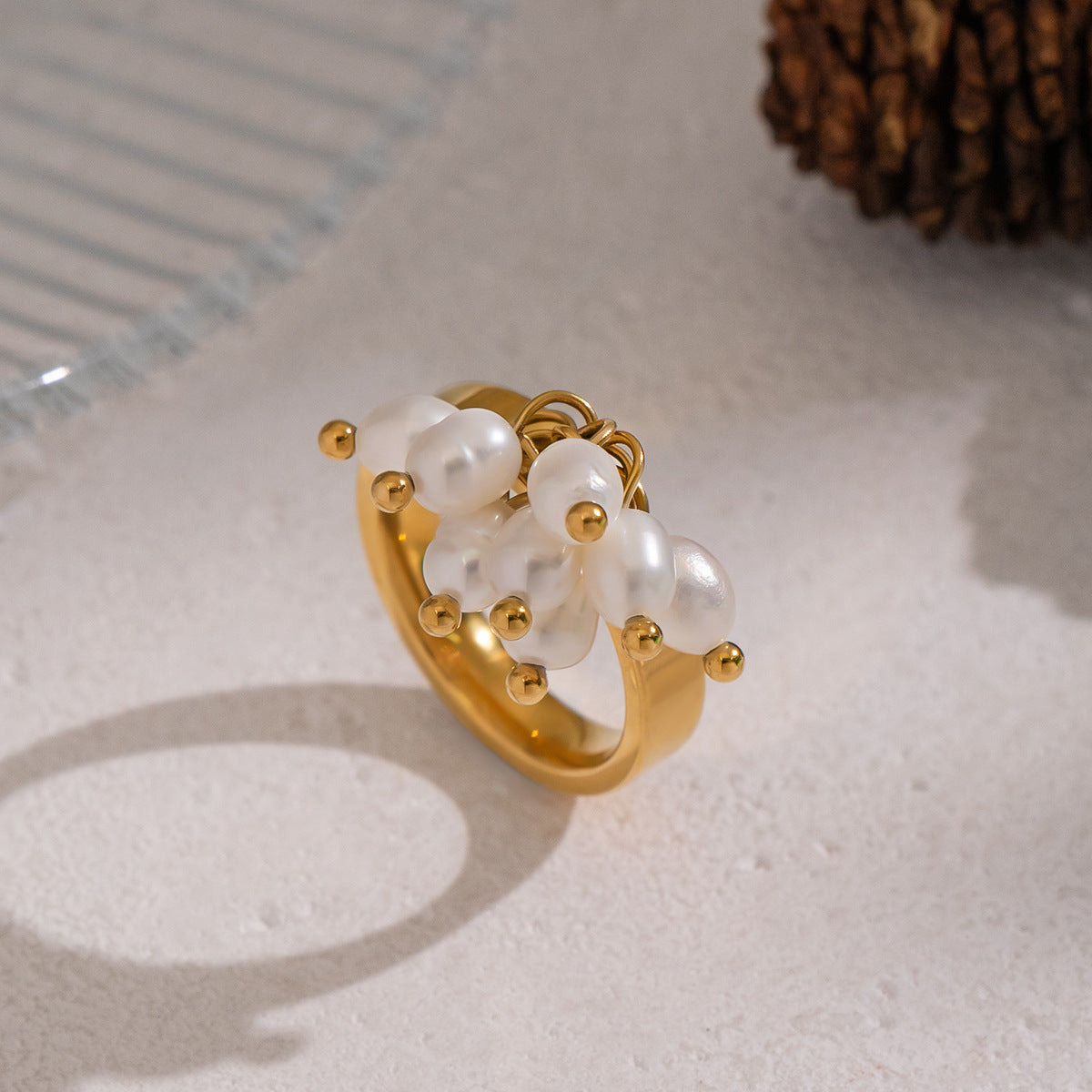Xia Ling High-End Niche Design Freshwater Pearl Ring Stainless Steel Vacuum Electroplated 18K Titanium Steel Ring