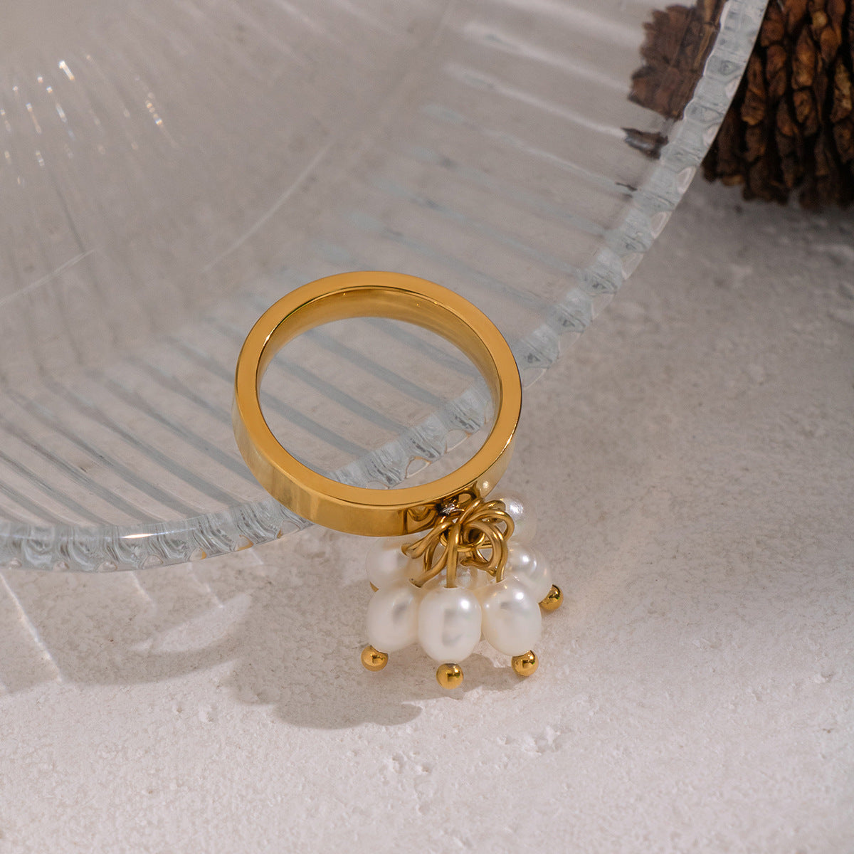 Xia Ling High-End Niche Design Freshwater Pearl Ring Stainless Steel Vacuum Electroplated 18K Titanium Steel Ring