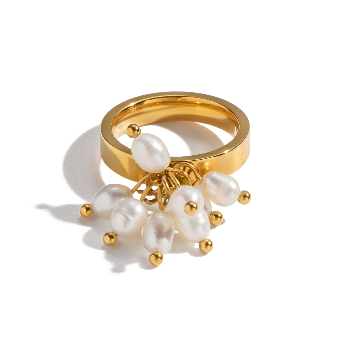 Xia Ling High-End Niche Design Freshwater Pearl Ring Stainless Steel Vacuum Electroplated 18K Titanium Steel Ring