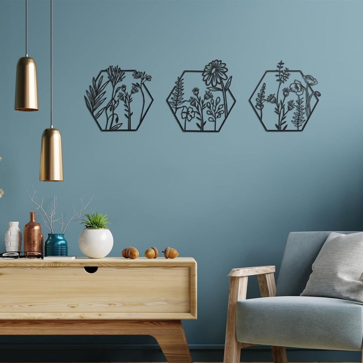 3 Pieces of Metal Flower Wall Decorations, Minimalist Floral Wall Hangings, Metal Flowers, Rustic Floral Art