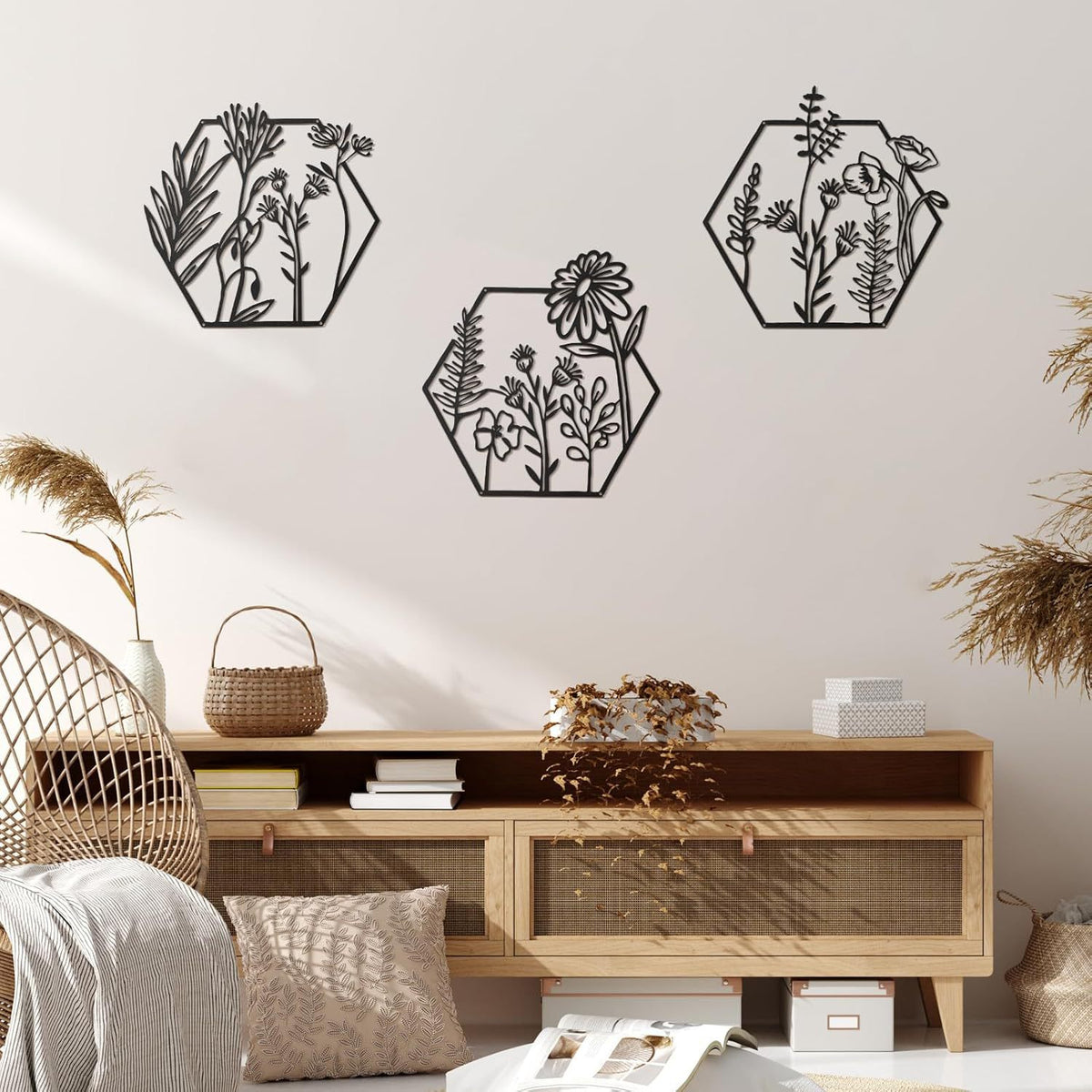 3 Pieces of Metal Flower Wall Decorations, Minimalist Floral Wall Hangings, Metal Flowers, Rustic Floral Art