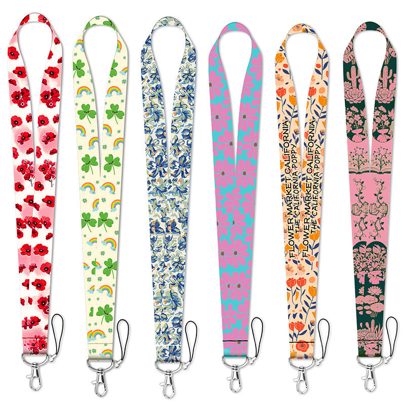 Flower-Themed Phone Lanyard Card Holder Keychain Bus Card Student Card Work Id Sliding Cover Hard Shell Lanyard Card Holder