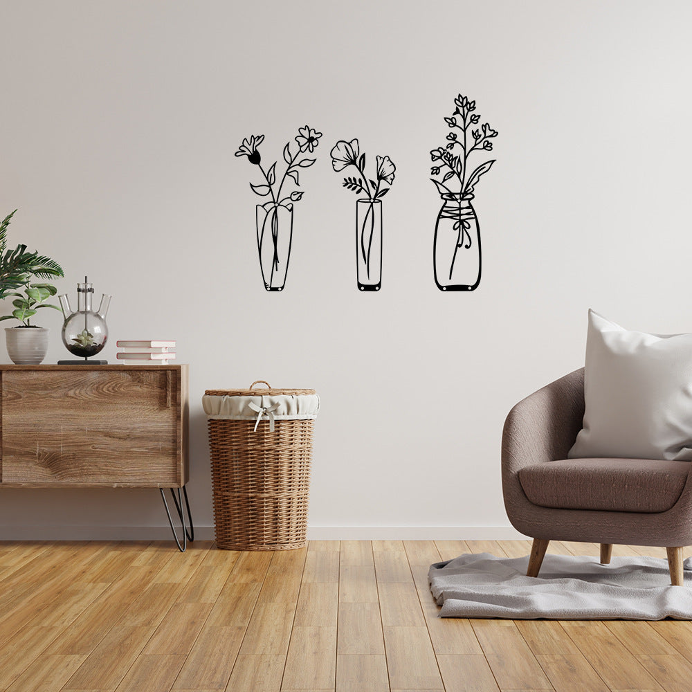 Amazon Three-Piece Metal Flower Wall Decoration Flower Home Bedroom Iron Painting Metal Vase Wall Hanging