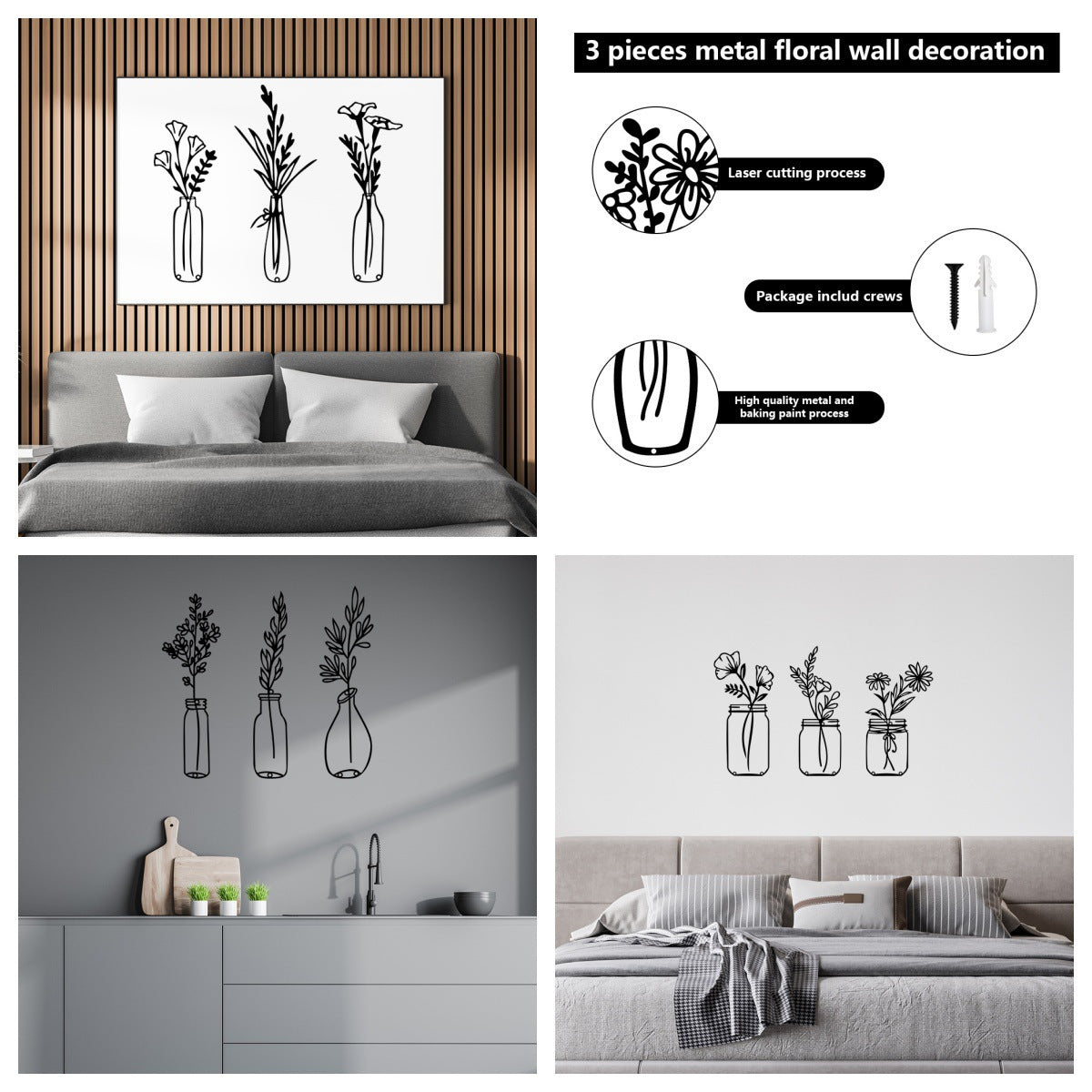 Amazon Three-Piece Metal Flower Wall Decoration Flower Home Bedroom Iron Painting Metal Vase Wall Hanging