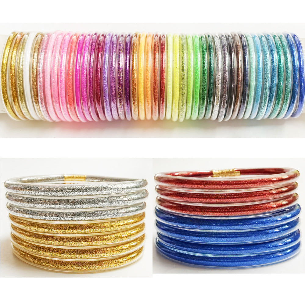 43 Colors Amazon Best-Selling 7-Layer Silicone Rainbow Glitter Bracelet Ribbon Set Women's Bow Glitter Bracelet