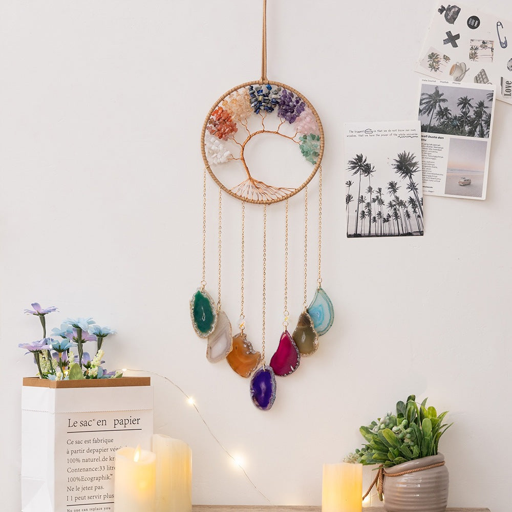 Natural Crystal Jade Seven-Chakra Energy Stone Agate Piece Tree of Life Wind Chime Wall Handmade Colorful
