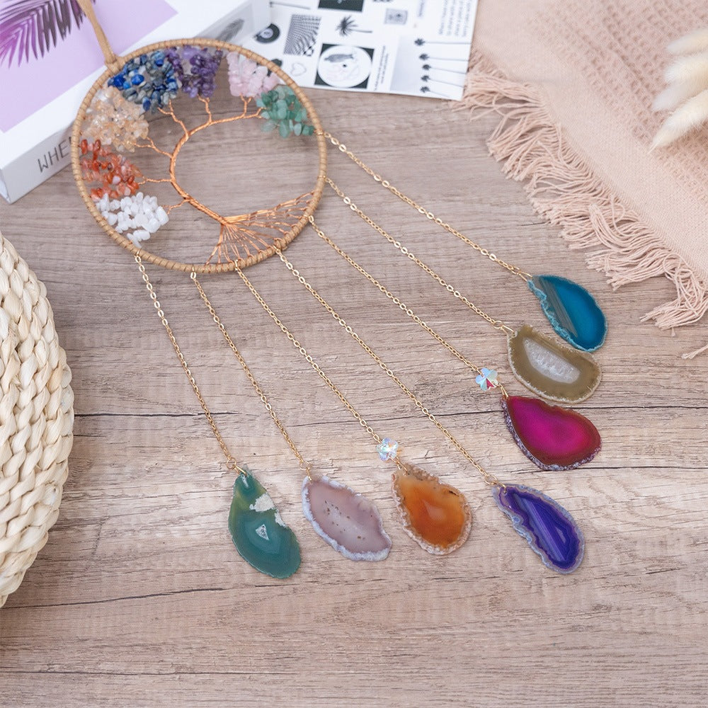 Natural Crystal Jade Seven-Chakra Energy Stone Agate Piece Tree of Life Wind Chime Wall Handmade Colorful