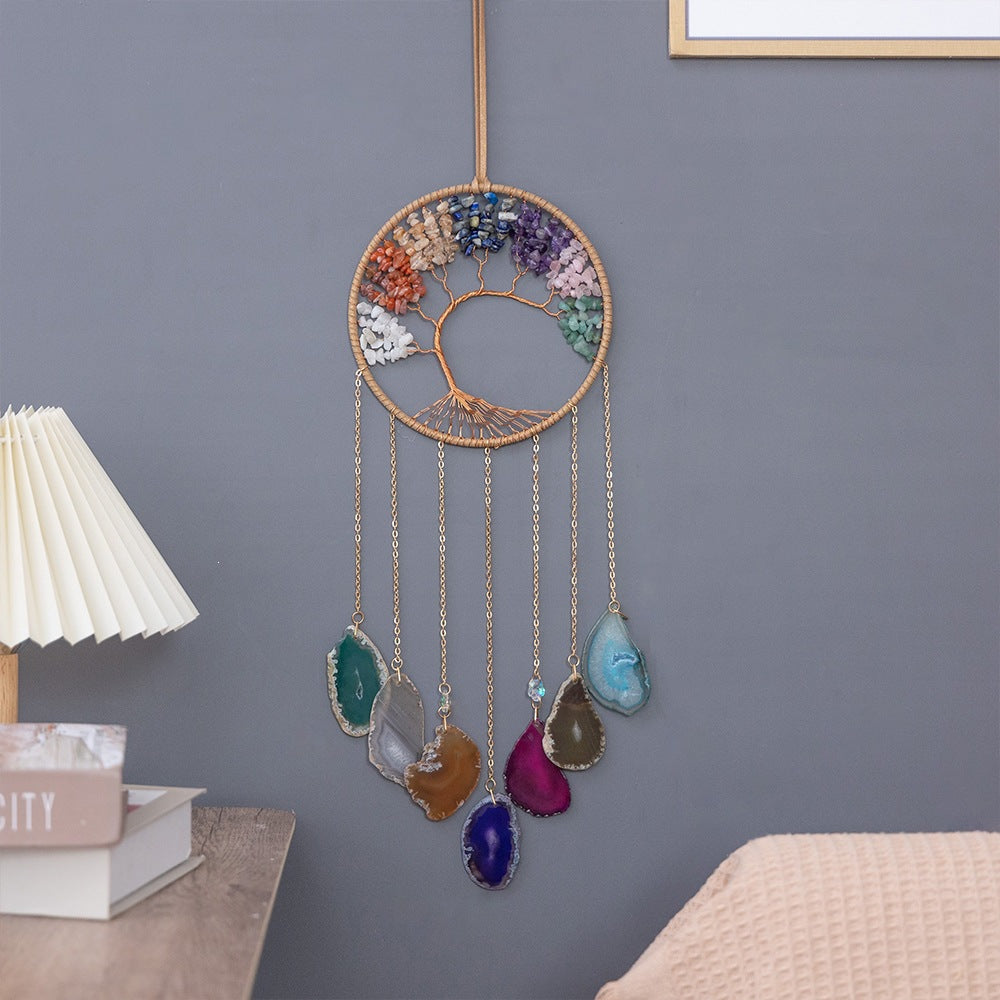 Natural Crystal Jade Seven-Chakra Energy Stone Agate Piece Tree of Life Wind Chime Wall Handmade Colorful